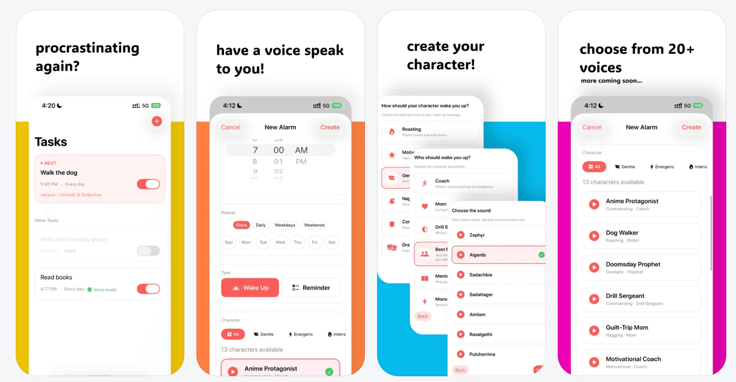 Nag Alarm AI app showing character-based alarm with voice features
