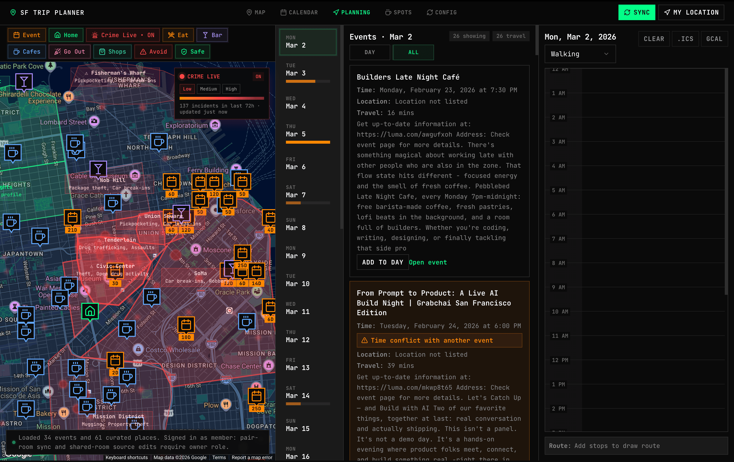 San Francisco Trip Planner showing map with curated places and event schedule
